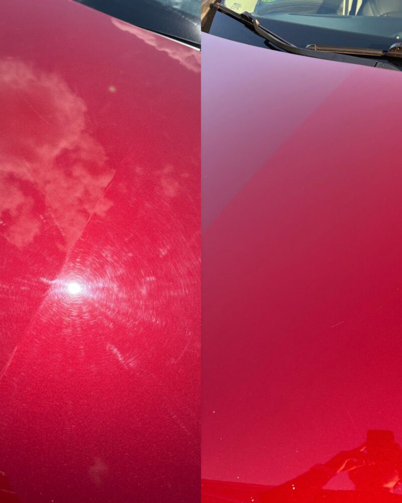 Red hood before and after paint correction: heavy swirl marks on the left, clear glossy paint on the right