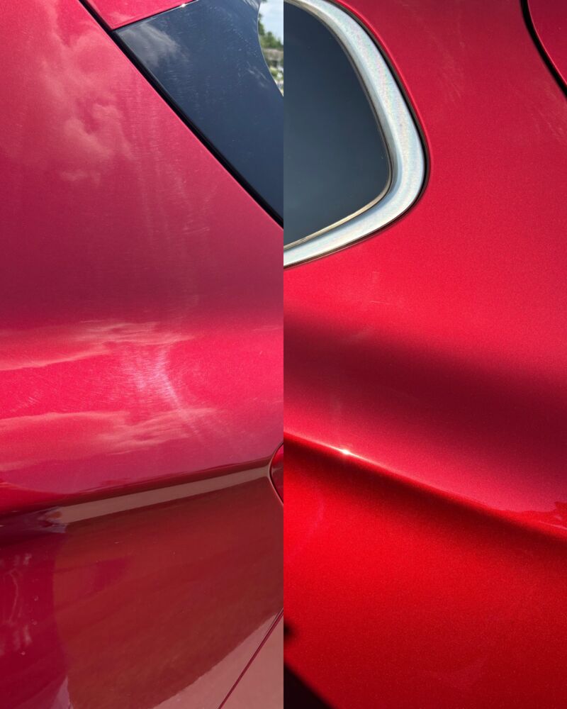 Red rear quarter panel before and after paint correction: scratches and hazing on the left, deep clear gloss on the right