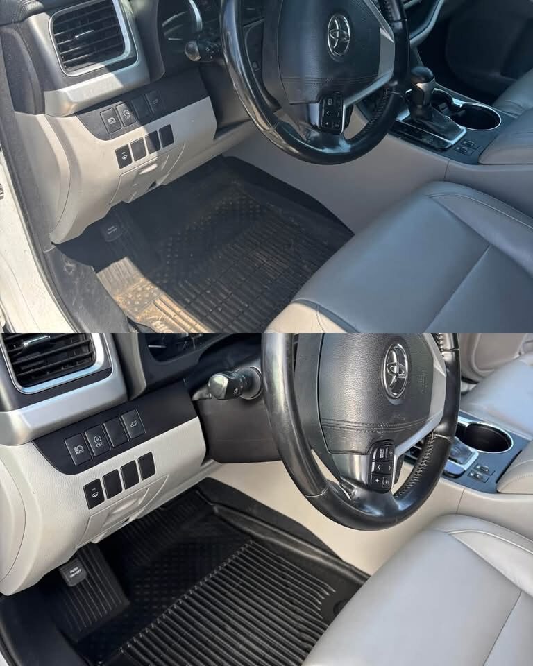 Toyota interior before and after a detail: dirty floor mat on top, clean mat below